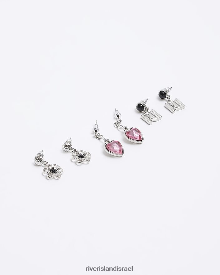 אביזרים River Island עגילי חישוק לב צבעוניים 3 חבילות כסף בנות BDZ4086417