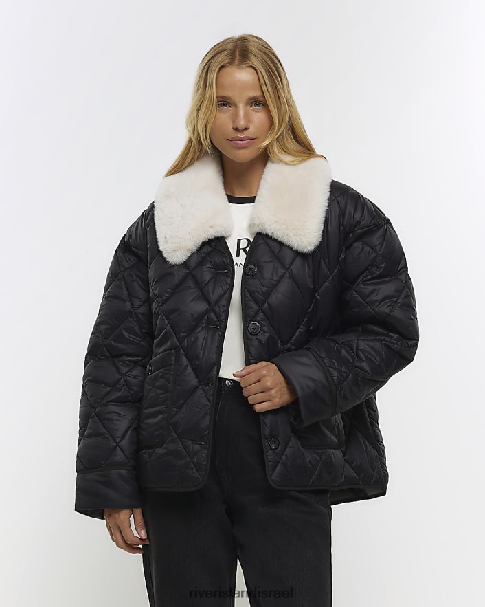לבוש River Island ז'קט מרופד בצווארון פרווה מלאכותית שָׁחוֹר נשים BDZ4081025