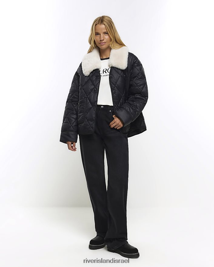 לבוש River Island ז'קט מרופד בצווארון פרווה מלאכותית שָׁחוֹר נשים BDZ4081025