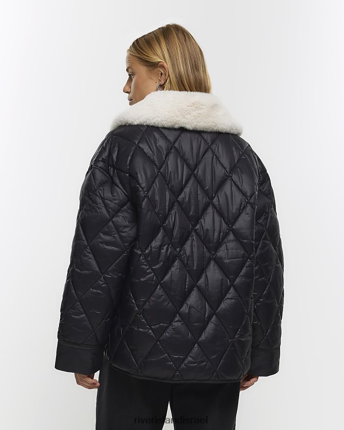 לבוש River Island ז'קט מרופד בצווארון פרווה מלאכותית שָׁחוֹר נשים BDZ4081025