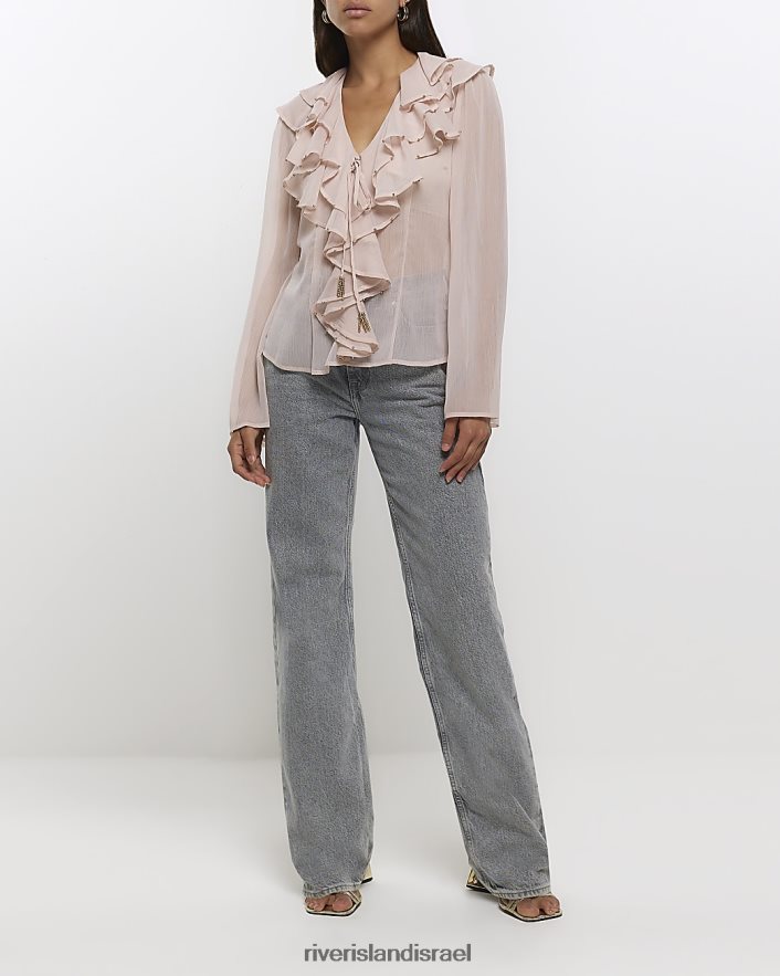 לבוש River Island חולצת סלסולים עם שרוולים ארוכים וָרוֹד נשים BDZ4081027