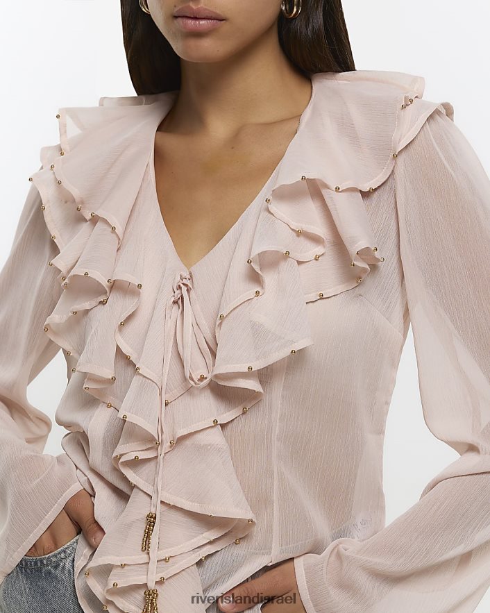 לבוש River Island חולצת סלסולים עם שרוולים ארוכים וָרוֹד נשים BDZ4081027