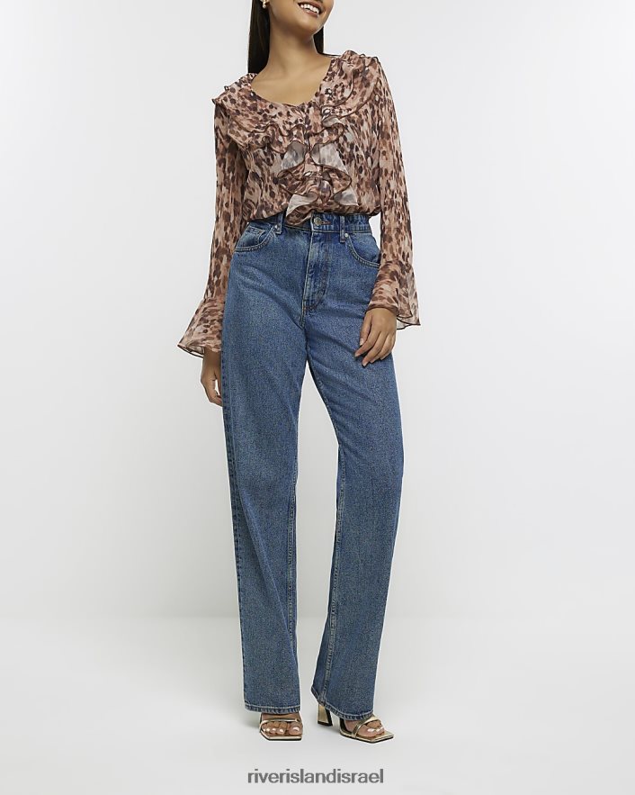 לבוש River Island חולצת סלסולים בהדפס בעלי חיים חום נשים BDZ4081038