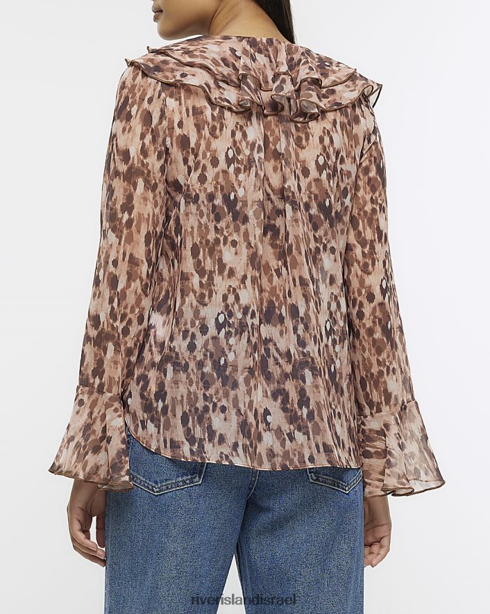לבוש River Island חולצת סלסולים בהדפס בעלי חיים חום נשים BDZ4081038