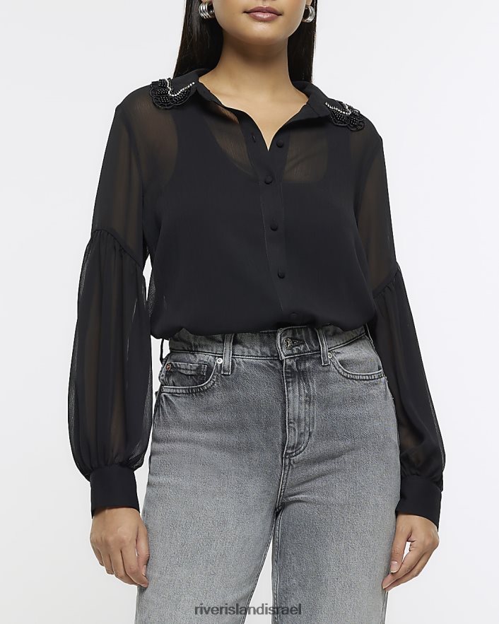 לבוש River Island חולצה מעוטרת שיפון שָׁחוֹר נשים BDZ4081049