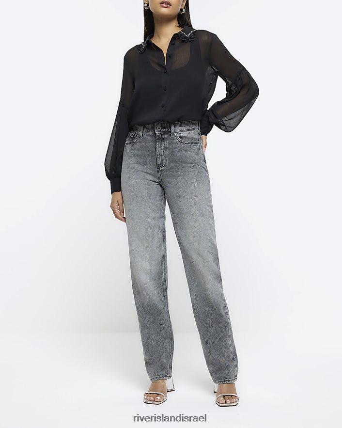 לבוש River Island חולצה מעוטרת שיפון שָׁחוֹר נשים BDZ4081049