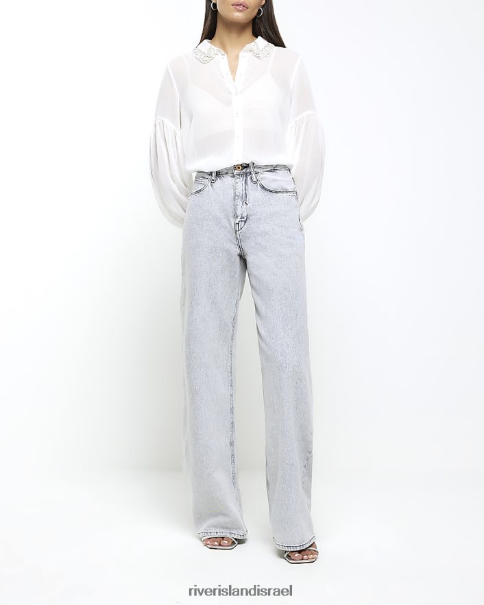 לבוש River Island חולצה מעוטרת שיפון לבן נשים BDZ4081050