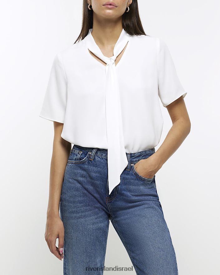 לבוש River Island חולצת טריקו עם שרוולים קצרים עם פפיון לבן נשים BDZ4081097