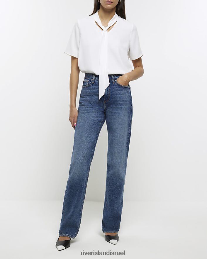 לבוש River Island חולצת טריקו עם שרוולים קצרים עם פפיון לבן נשים BDZ4081097