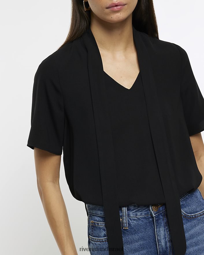 לבוש River Island חולצת טריקו עם שרוולים קצרים עם פפיון שָׁחוֹר נשים BDZ4081098