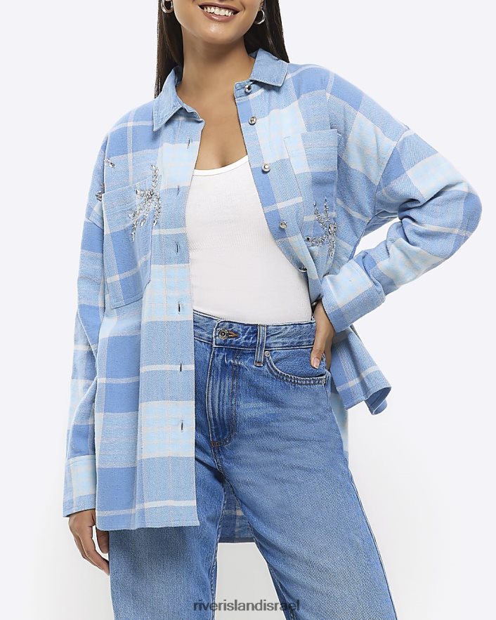 לבוש River Island חולצה מעוטרת בדוק כְּחוֹל נשים BDZ4081099
