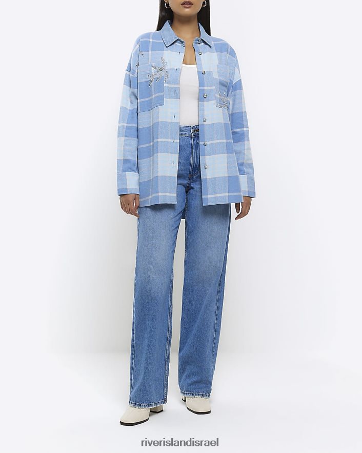 לבוש River Island חולצה מעוטרת בדוק כְּחוֹל נשים BDZ4081099