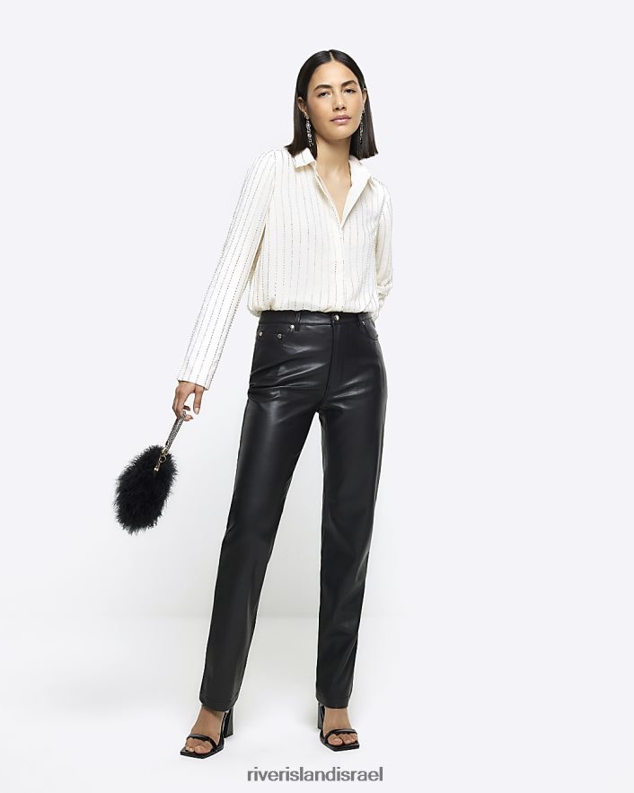 לבוש River Island חולצה עם שרוולים ארוכים עם חרוזים קרם נשים BDZ408109