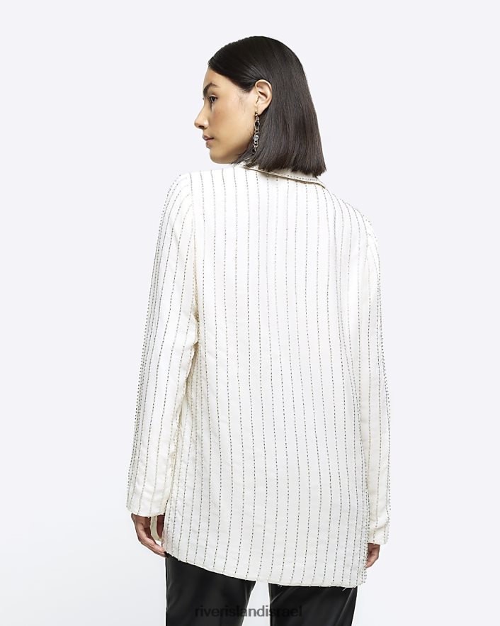 לבוש River Island חולצה עם שרוולים ארוכים עם חרוזים קרם נשים BDZ408109