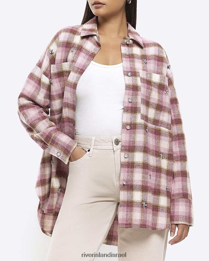 לבוש River Island חולצה מעוטרת בדוק וָרוֹד נשים BDZ4081100