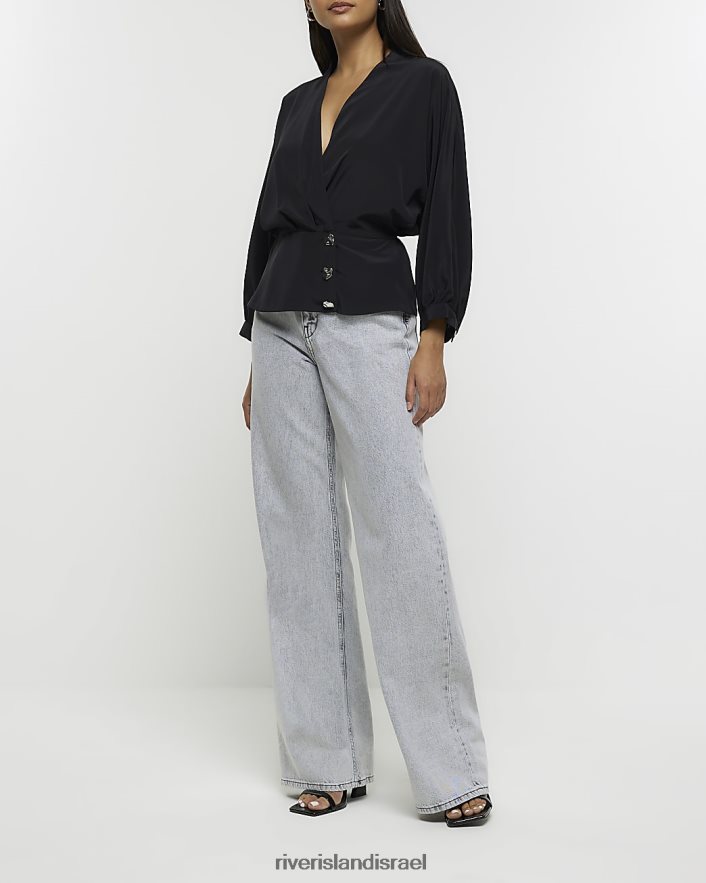 לבוש River Island חולצת מעטפת עם שרוול ארוך שָׁחוֹר נשים BDZ4081102
