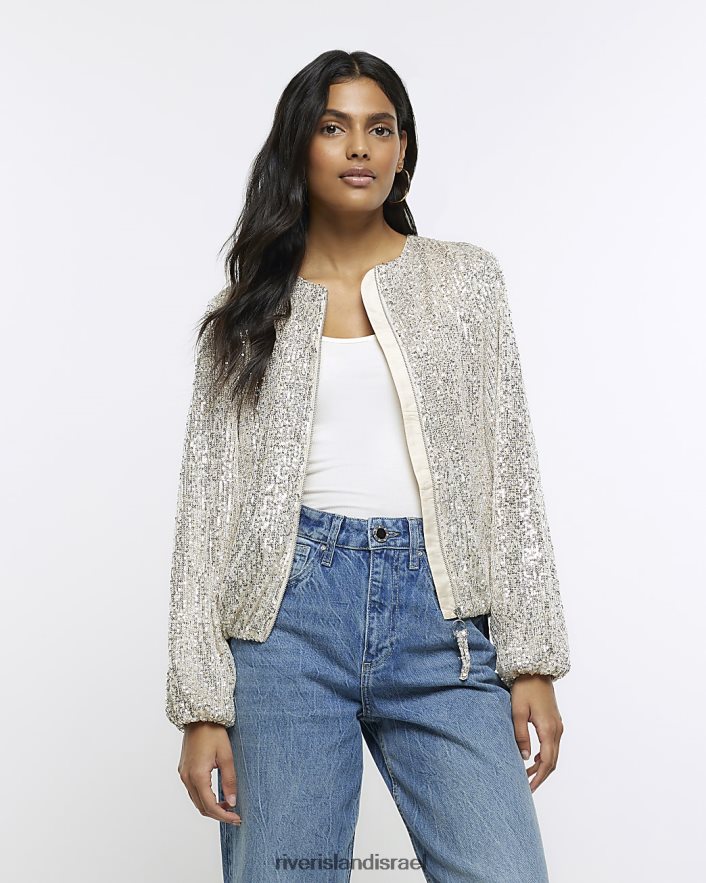 לבוש River Island מעיל בומבר עם רוכסן נצנצים כסף נשים BDZ4081105