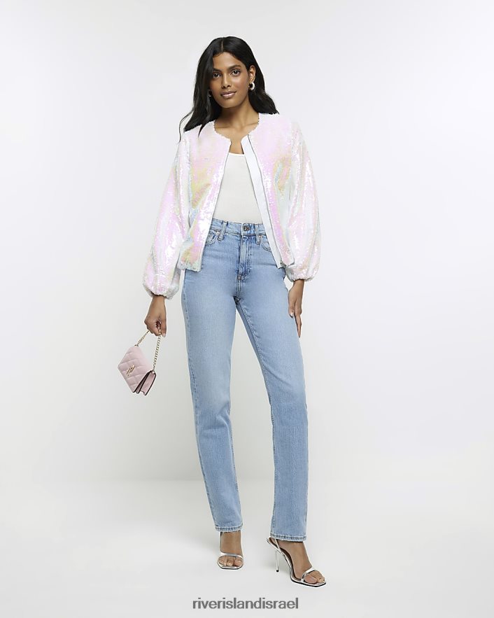 לבוש River Island מעיל בומבר סגוני עם פאייטים לבן נשים BDZ4081106