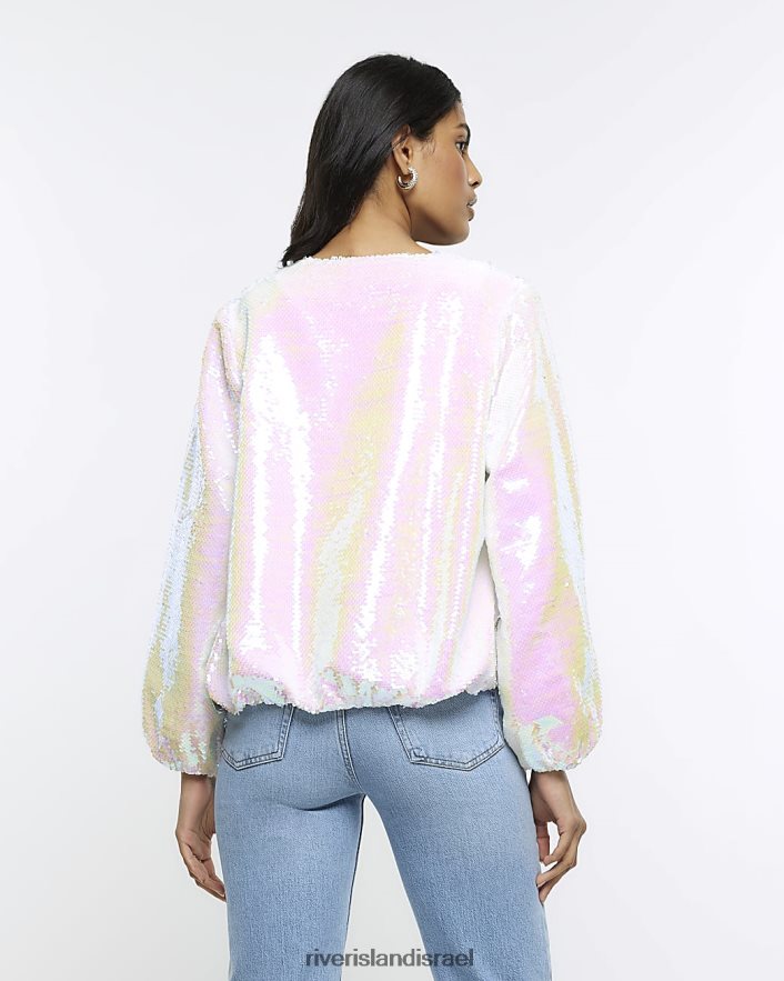 לבוש River Island מעיל בומבר סגוני עם פאייטים לבן נשים BDZ4081106