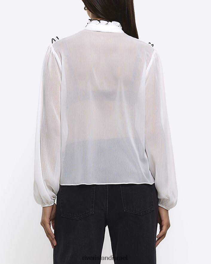 לבוש River Island חולצת סלסול שיפון לבן נשים BDZ4081116