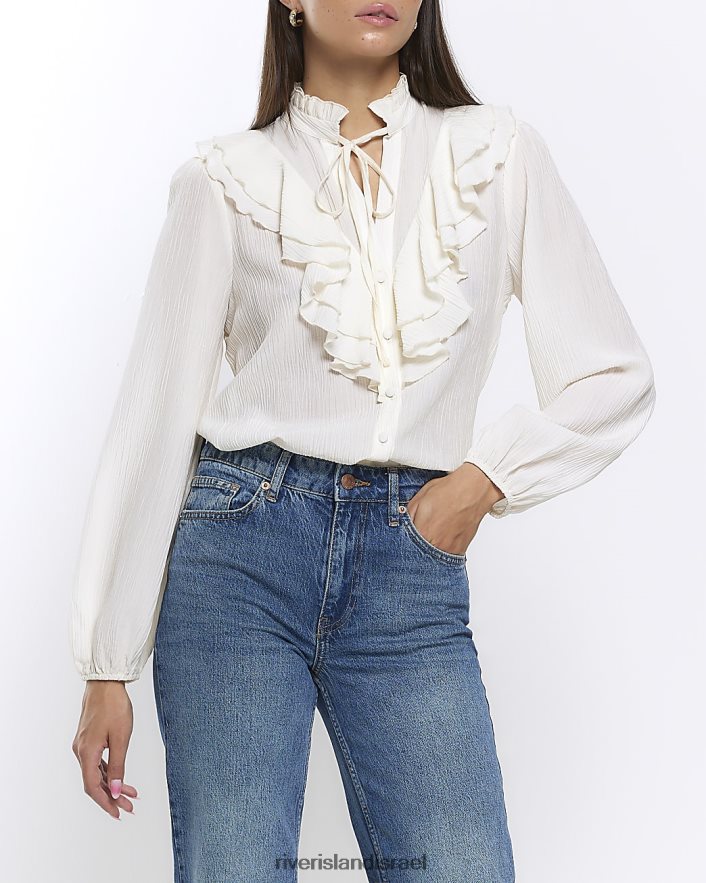 לבוש River Island חולצת סלסולים עם שרוולים ארוכים קרם נשים BDZ4081117