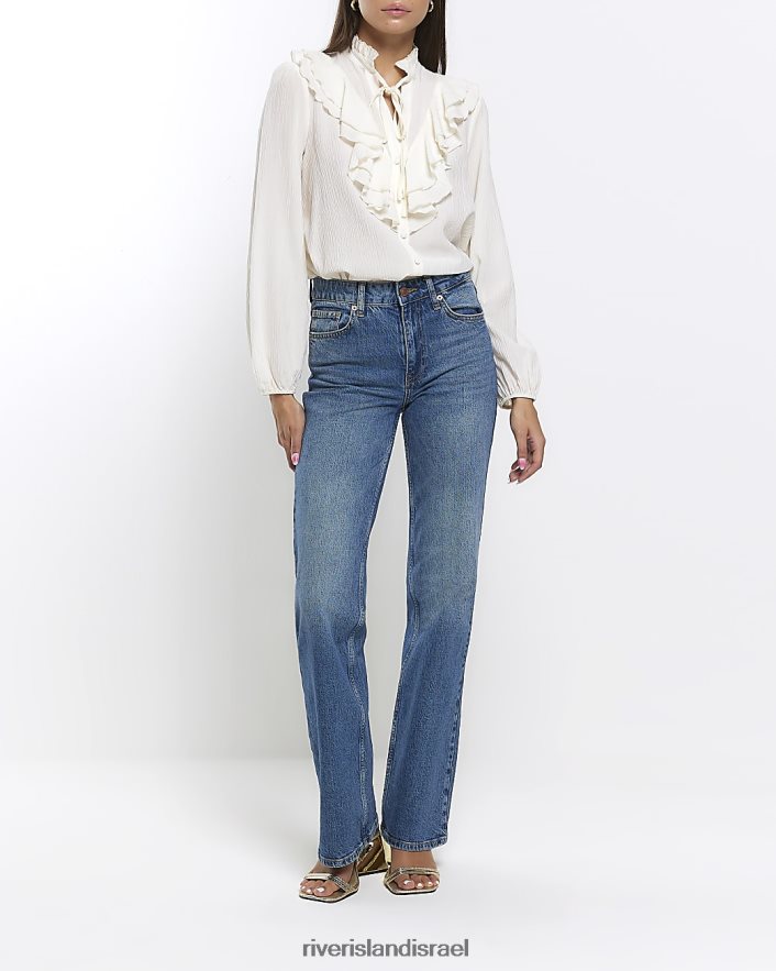 לבוש River Island חולצת סלסולים עם שרוולים ארוכים קרם נשים BDZ4081117