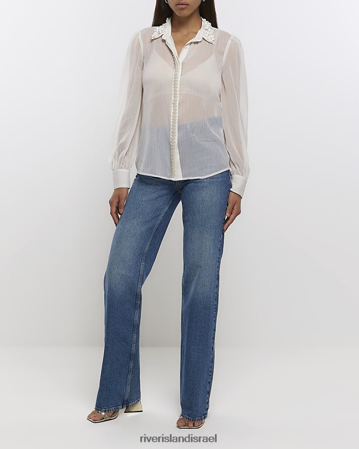 לבוש River Island חולצה מעוטרת שיפון קרם נשים BDZ4081136