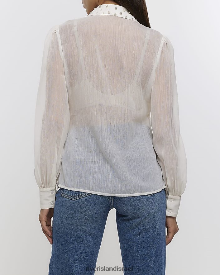 לבוש River Island חולצה מעוטרת שיפון קרם נשים BDZ4081136