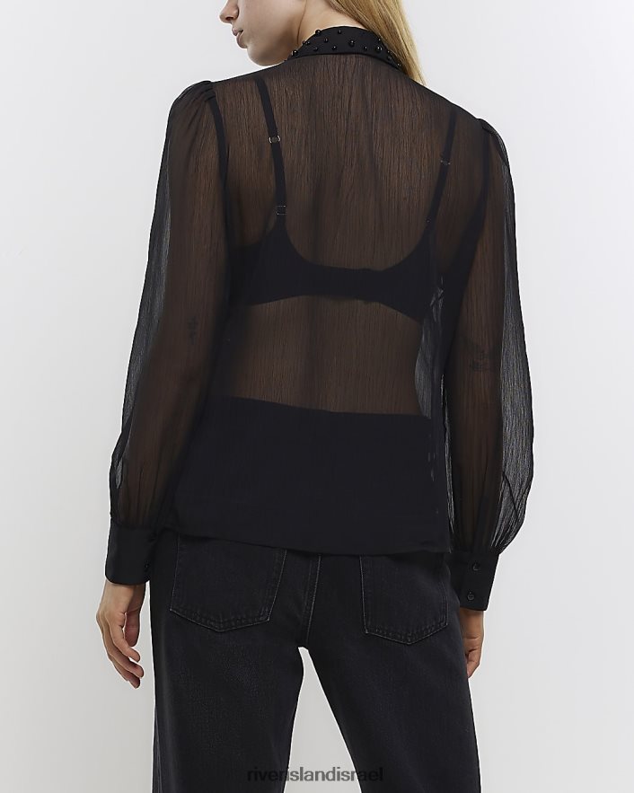 לבוש River Island חולצה מעוטרת שיפון שָׁחוֹר נשים BDZ4081137