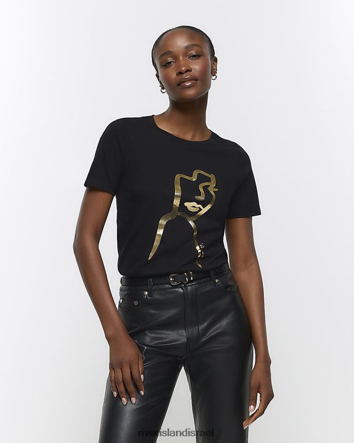 לבוש River Island חולצת טריקו בנייר כסף שָׁחוֹר נשים BDZ408114