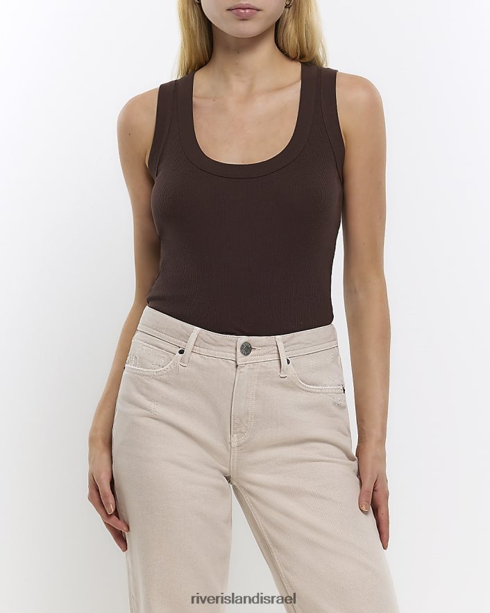 לבוש River Island חולצת אפוד עם צווארון סקופ חום נשים BDZ4081146