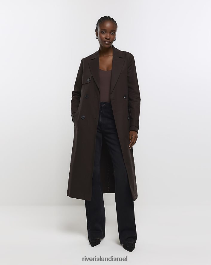 לבוש River Island מעיל טרנץ' עם חגורת קו ארוך חום נשים BDZ4081186