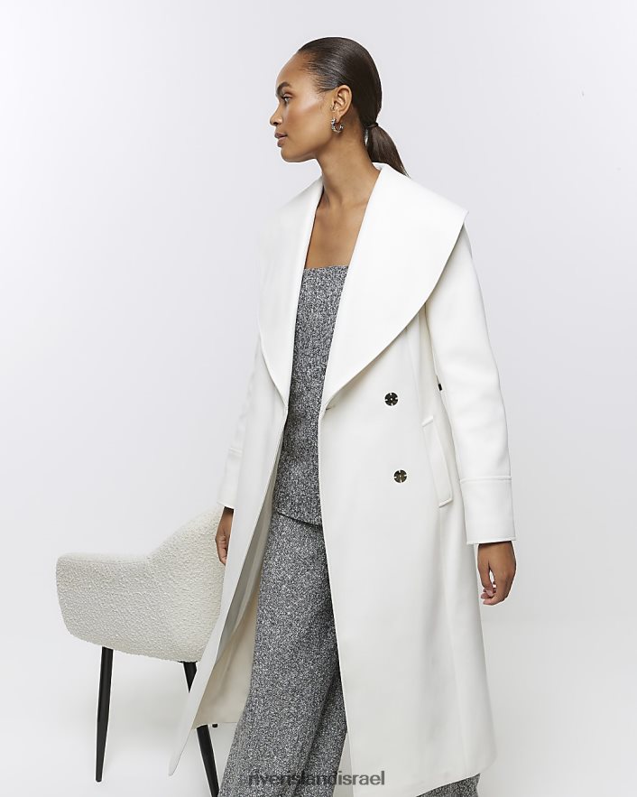 לבוש River Island מעיל ארוכות מעטפת חגורה קרם נשים BDZ40811