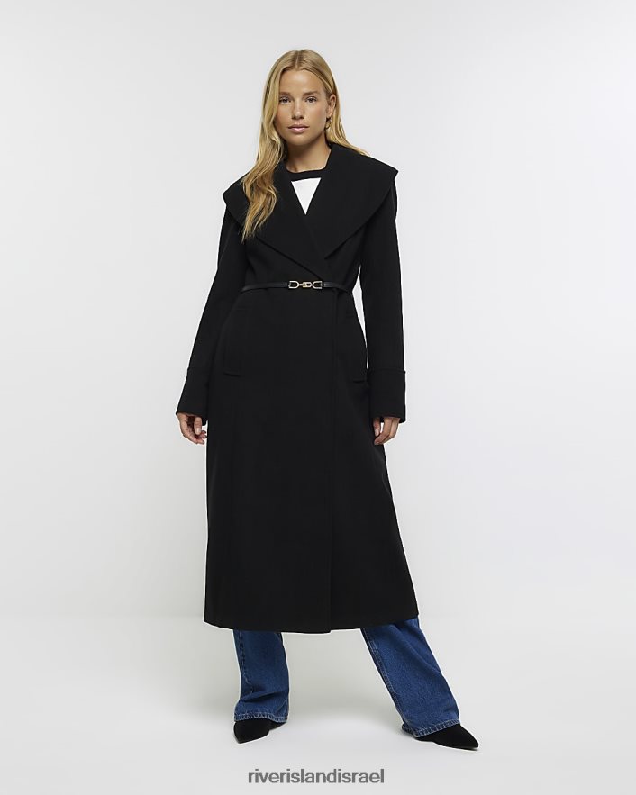 לבוש River Island מעיל ארוכות מעטפת חגורה שָׁחוֹר נשים BDZ40812