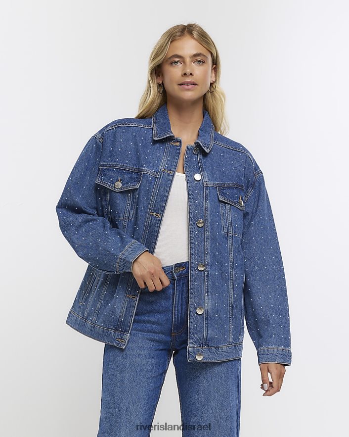 לבוש River Island ז'קט ג'ינס מעוטר במידות גדולות כְּחוֹל נשים BDZ4081217