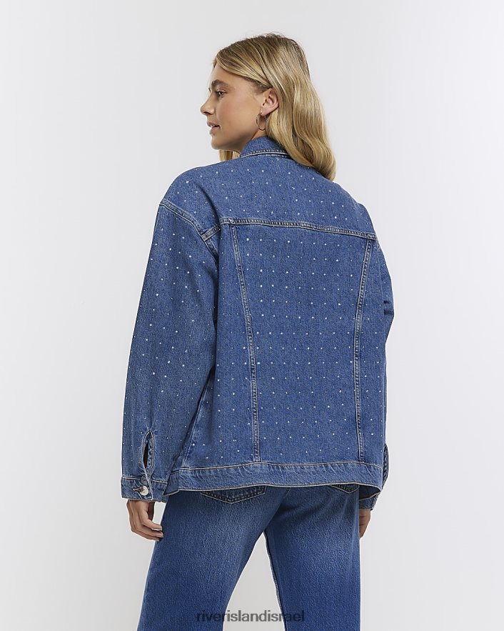 לבוש River Island ז'קט ג'ינס מעוטר במידות גדולות כְּחוֹל נשים BDZ4081217