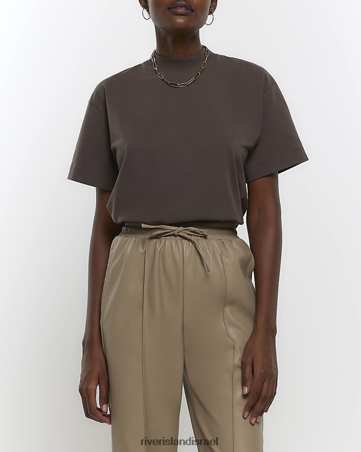 לבוש River Island חולצת טי עם צווארון גבוה חום נשים BDZ4081233