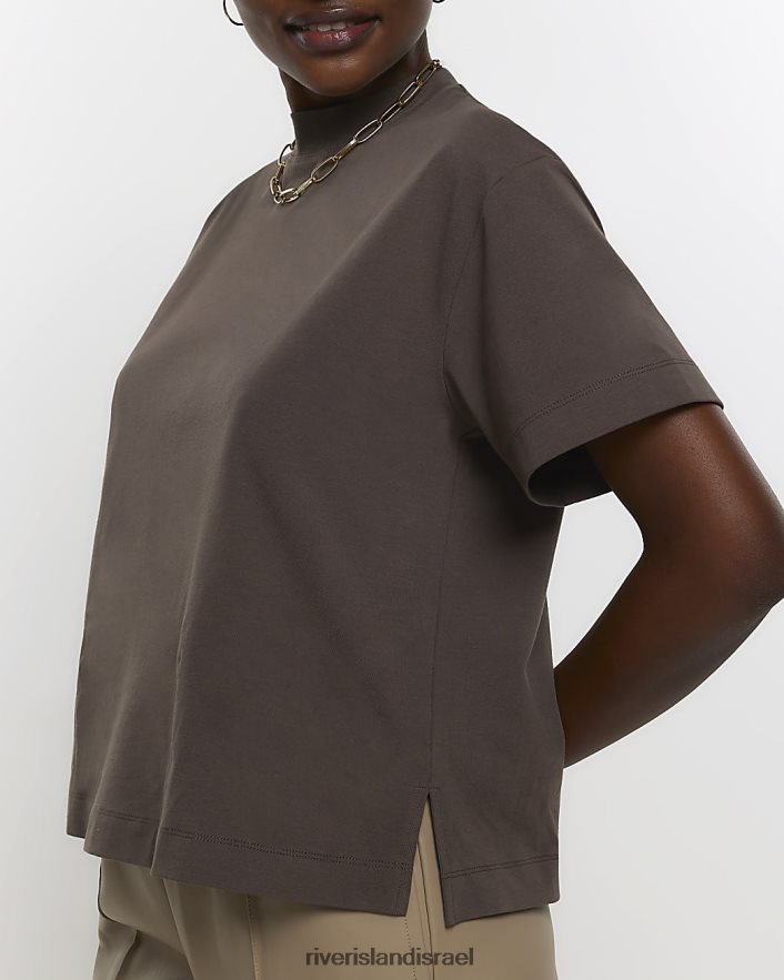 לבוש River Island חולצת טי עם צווארון גבוה חום נשים BDZ4081233