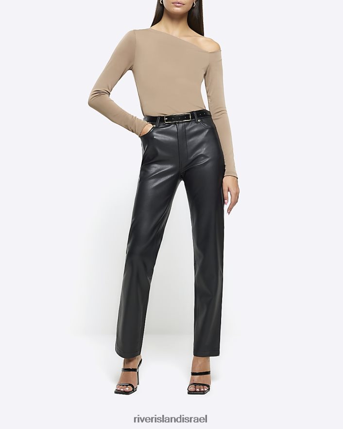 לבוש River Island חלק עליון עם שרוול ארוך מחוץ לכתף חום נשים BDZ408127