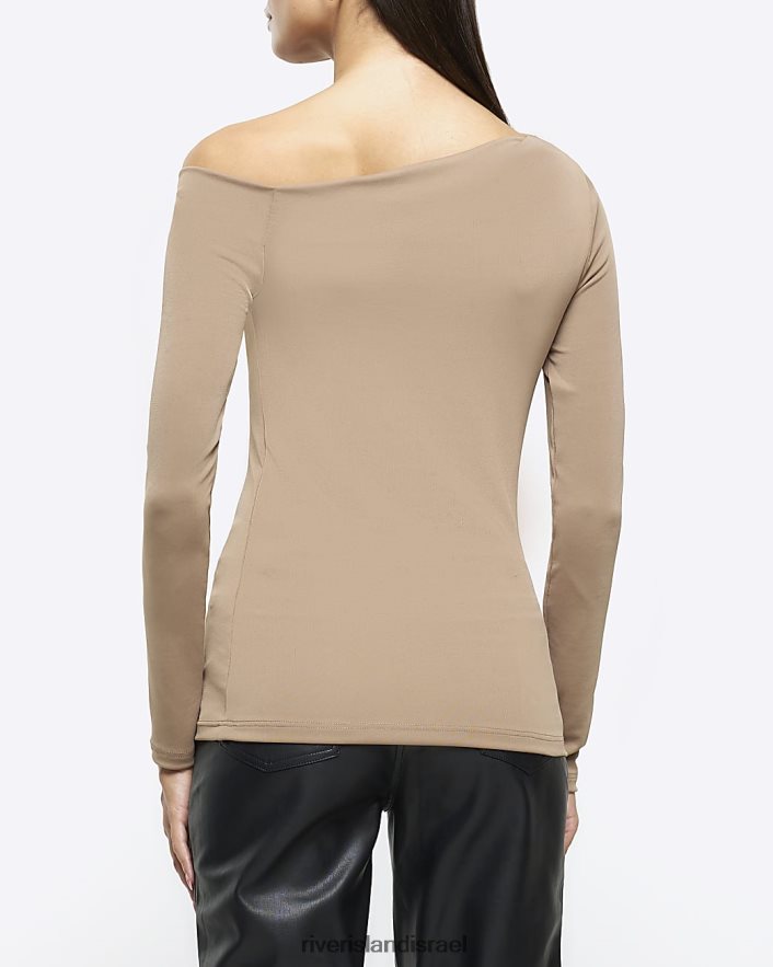 לבוש River Island חלק עליון עם שרוול ארוך מחוץ לכתף חום נשים BDZ408127