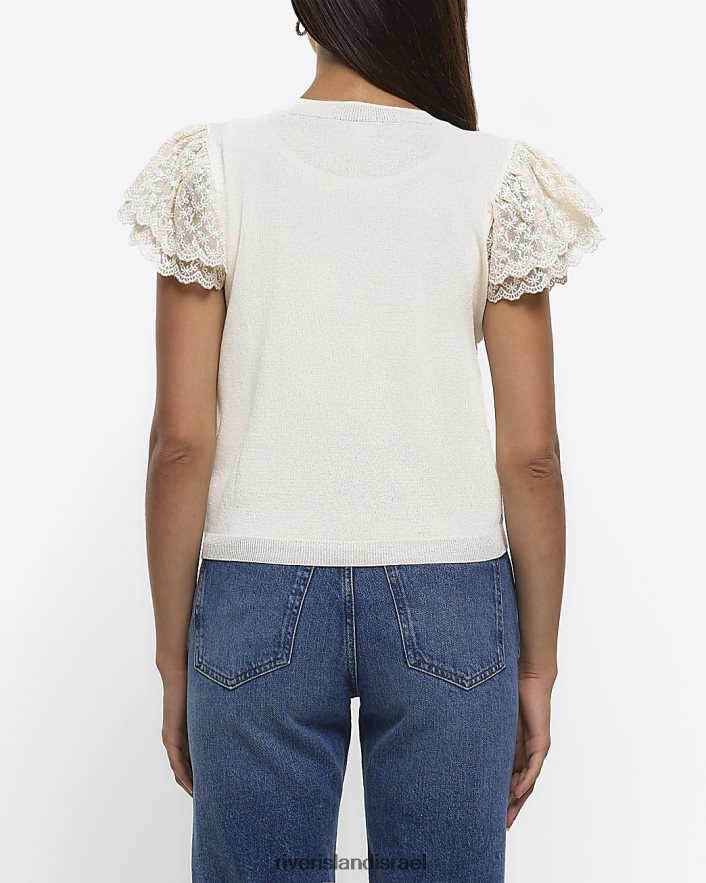 לבוש River Island חולצת שרוול עם סלסול תחרה קרם נשים BDZ4081282