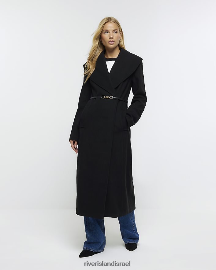 לבוש River Island מעיל ארוכות מעטפת חגורה שָׁחוֹר נשים BDZ40812