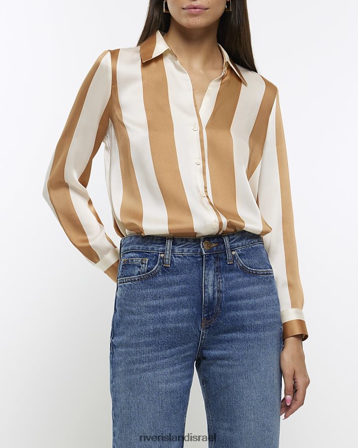 לבוש River Island חולצת שרוולים ארוכים בפס סאטן חום נשים BDZ4081304