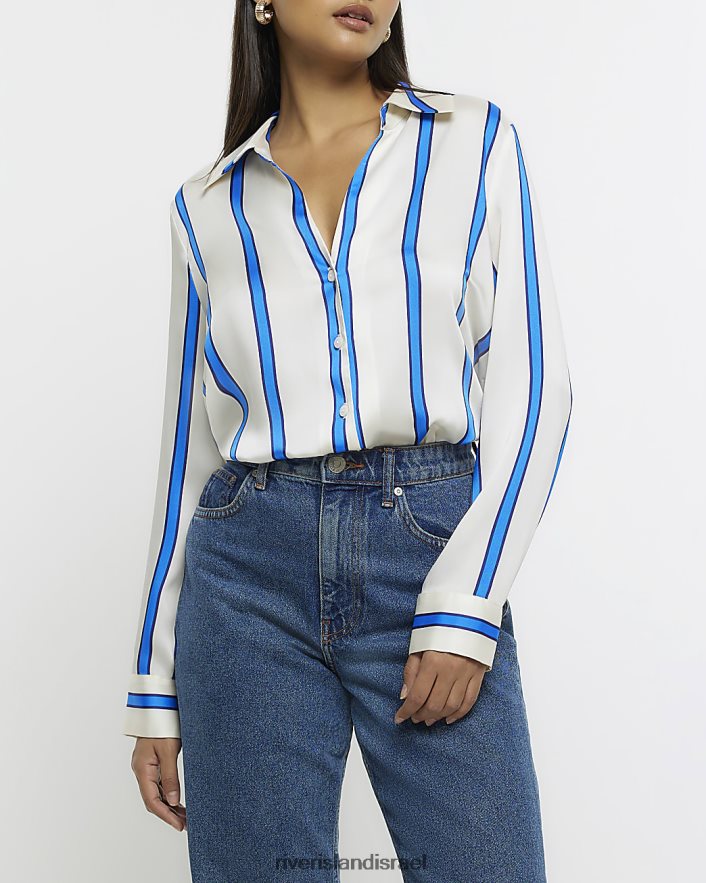 לבוש River Island חולצת סאטן פסים עם שרוולים ארוכים חיל הים נשים BDZ4081307