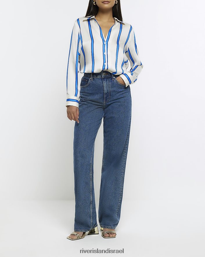 לבוש River Island חולצת סאטן פסים עם שרוולים ארוכים חיל הים נשים BDZ4081307