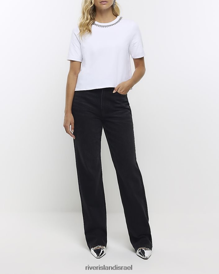 לבוש River Island שרשרת חולצת טריקו עם שרוולים קצרים לבן נשים BDZ4081355