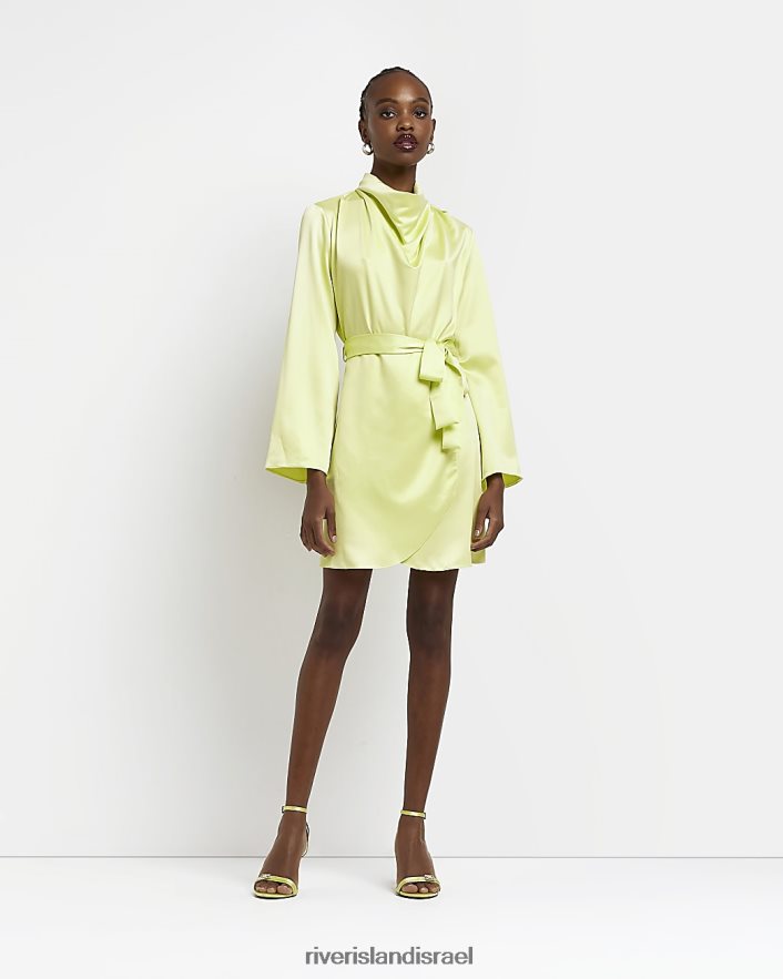 לבוש River Island שמלת מיני סאטן עם צווארון גבוה ירוק ליים נשים BDZ4081365