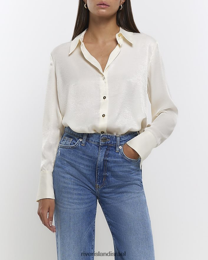 לבוש River Island חולצת סאטן עם שרוולים ארוכים במיוחד בז' נשים BDZ4081370