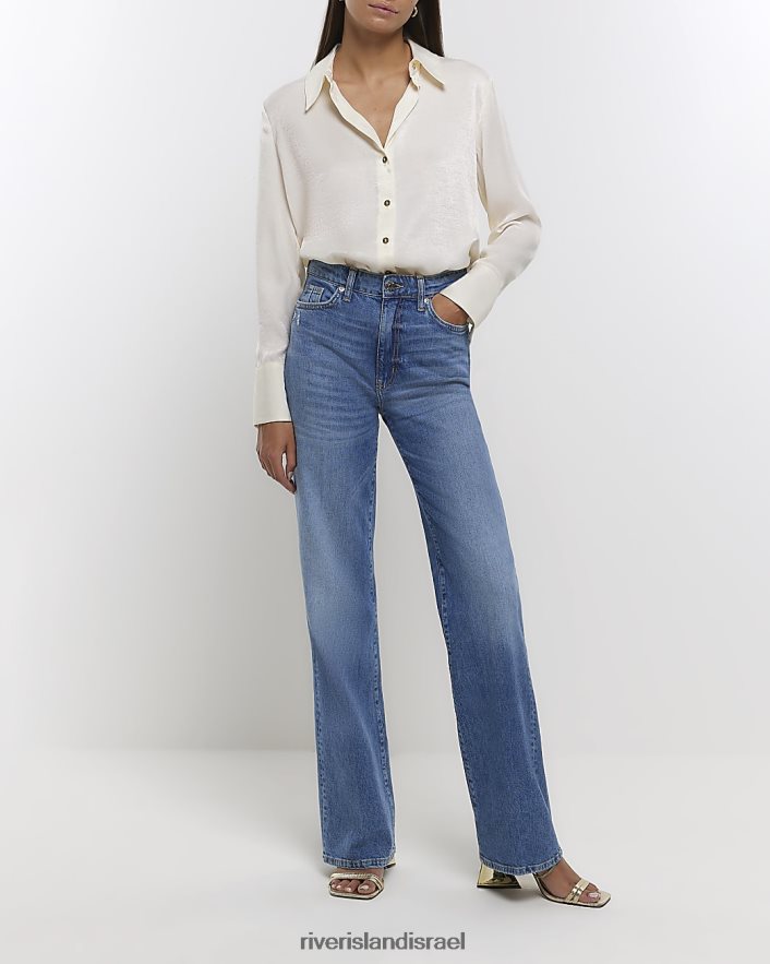 לבוש River Island חולצת סאטן עם שרוולים ארוכים במיוחד בז' נשים BDZ4081370