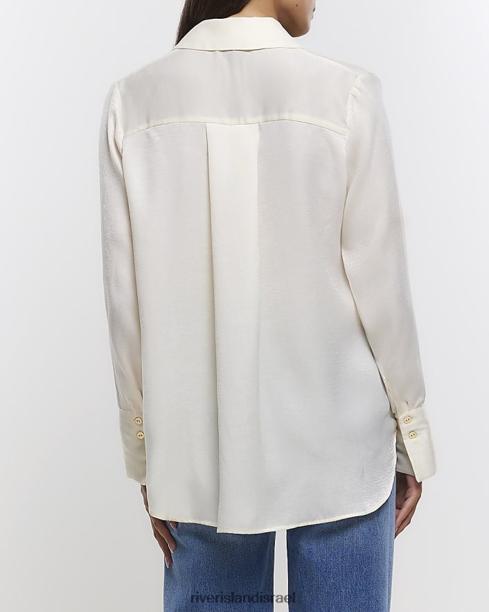 לבוש River Island חולצת סאטן עם שרוולים ארוכים במיוחד בז' נשים BDZ4081370